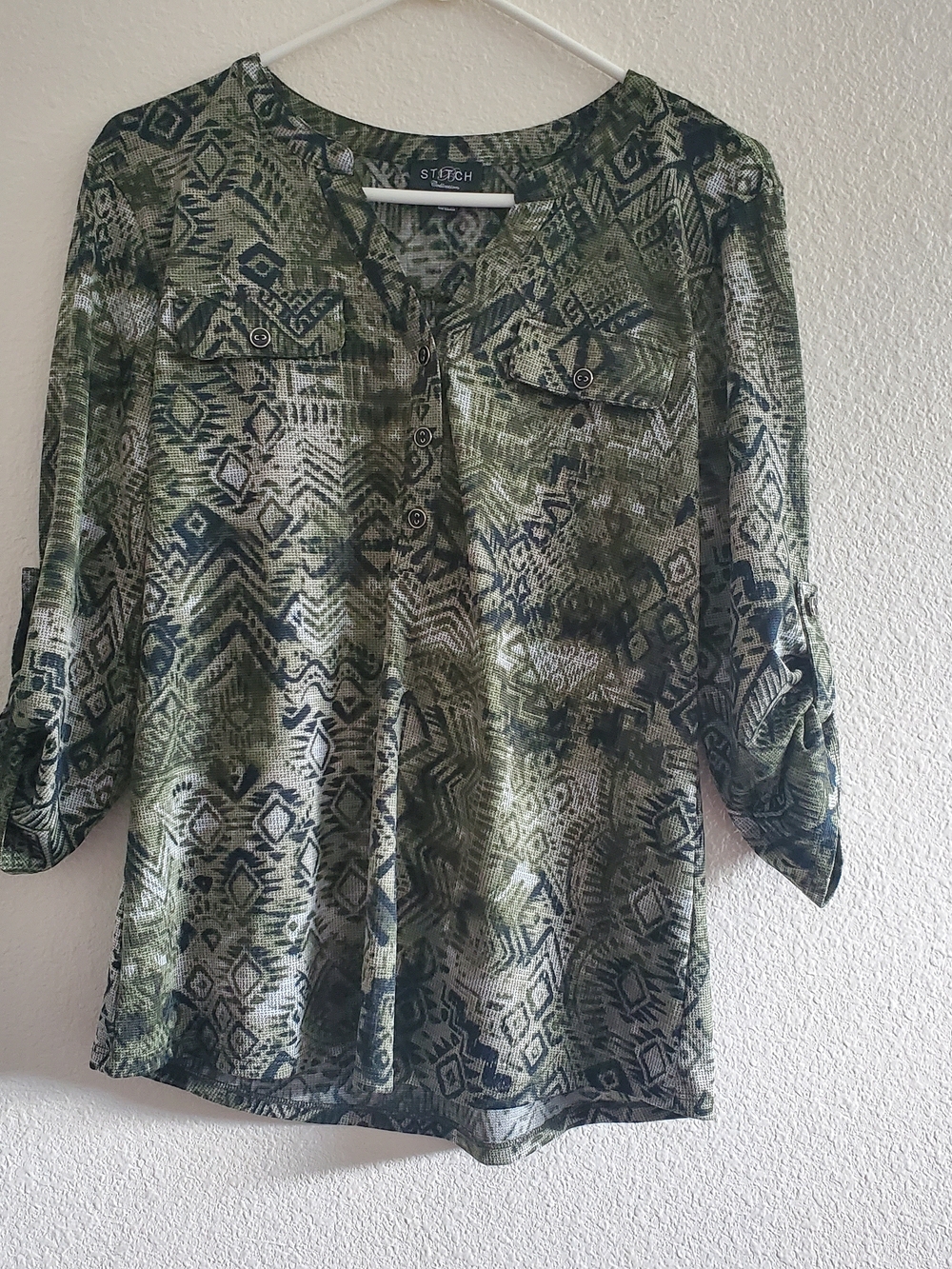 Stitch Collection Olive Print Roll-Tab Blouse Size M